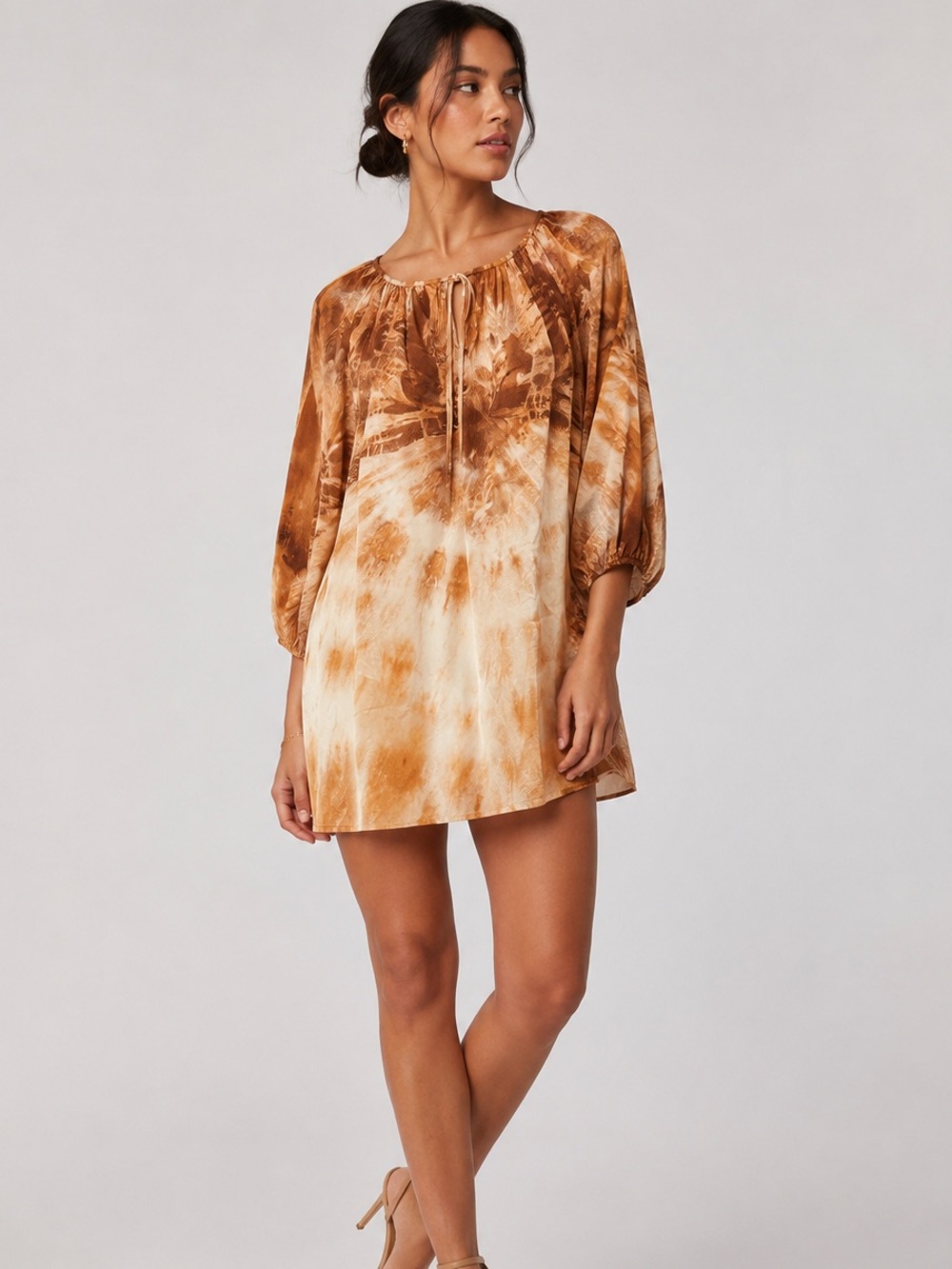 NWT Matta Brown Cream Tie Dye Silk Tunic Mini Dress